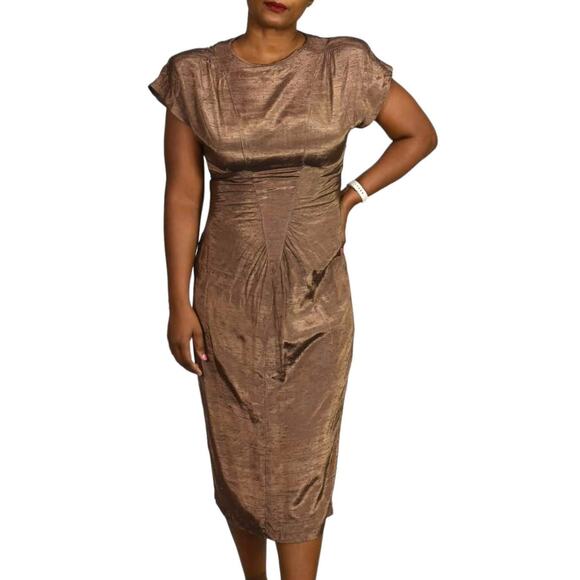 Vintage All That Jazz Dress Brown Bronze Metallic Shimmer Slim Column Midi Small - Picture 1 of 15
